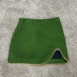 Zara green tweed mini skirt with gold chain hem